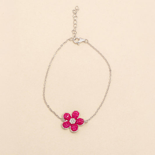 Delicate Thin Chain Bracelet with Pink Flower