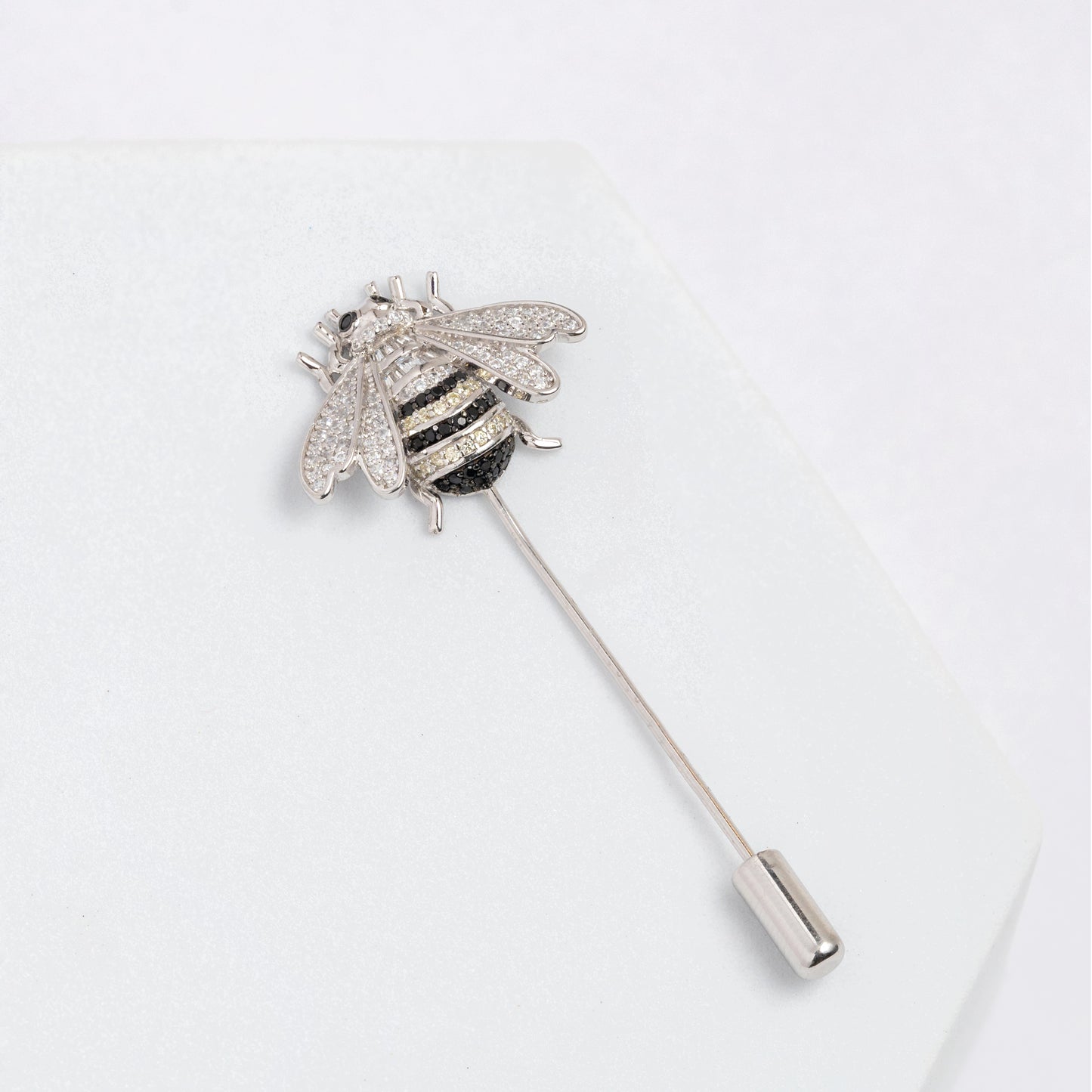 Honey Bee Lapel Pin in Silver and Black Stonework